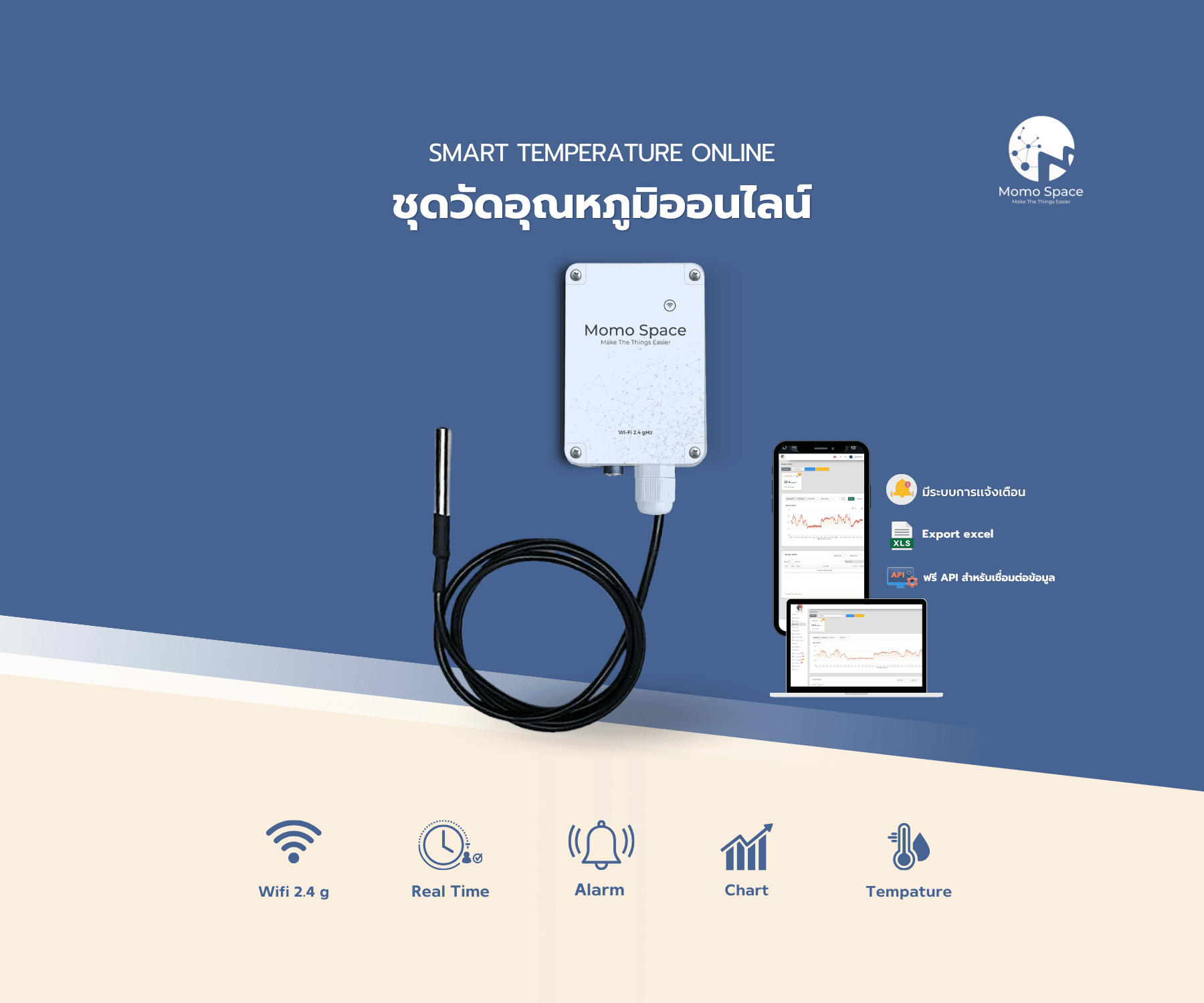 ชุดวัดอุณหภูมิสำหรับตู้เเช่เย็น ห้องเย็น บ่อน้ำ wifi Smart Temperature online Wi-Fi (IOT) data logger วัดอุณหภูมิออนไลน์ บันทึกอุณหภูมิ